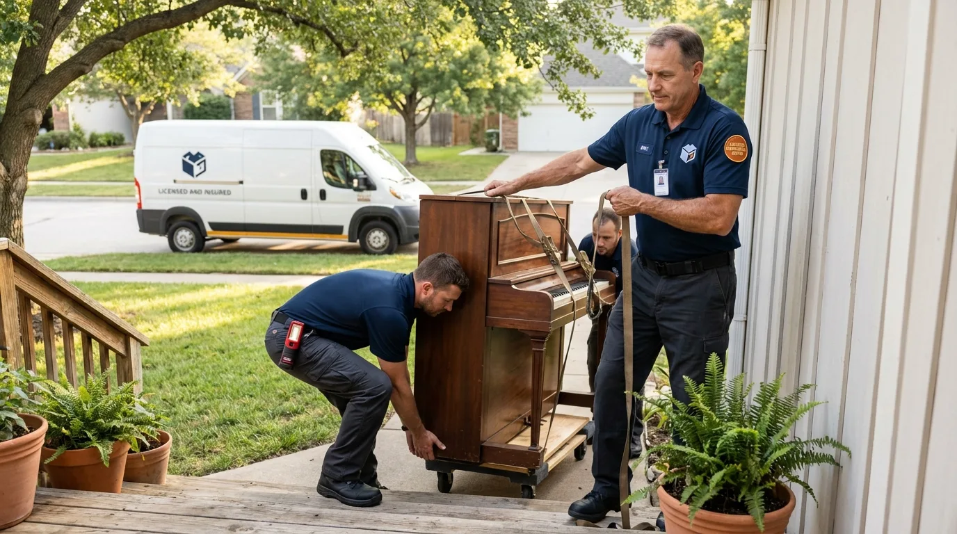 Licensed piano movers securing grand piano in Oxford, MI
