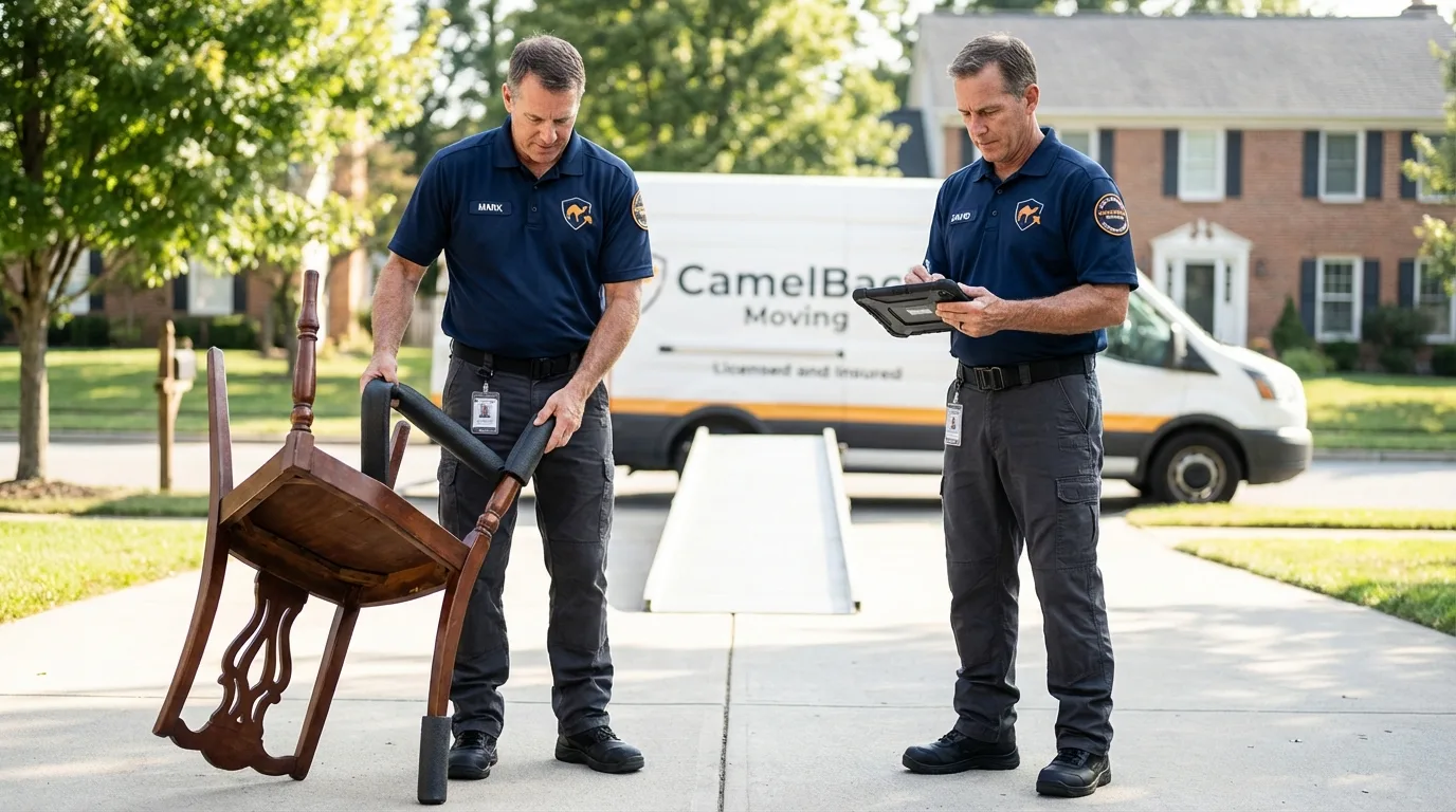 Movers inspecting furniture for damage prevention before loading in Oxford, MI