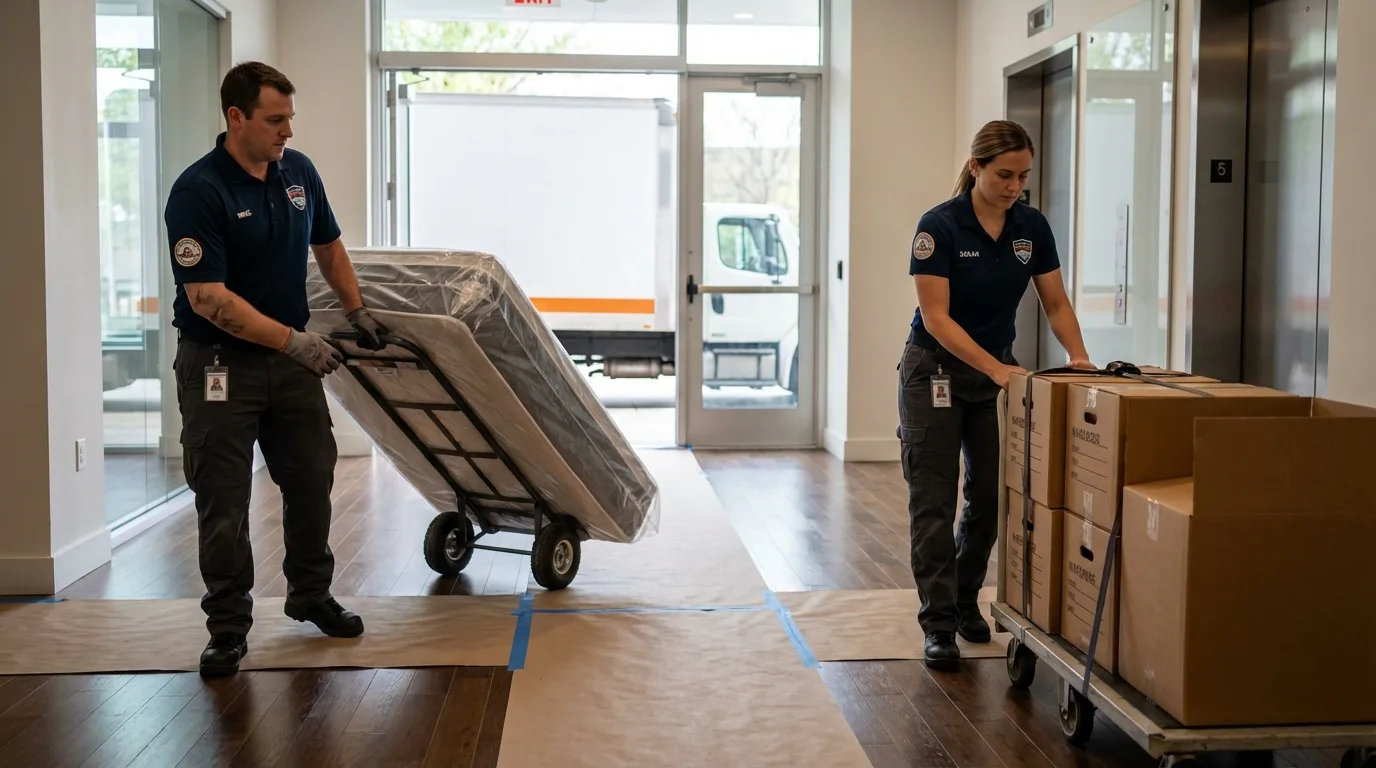 Professional apartment movers loading elevator in Oxford, MI
