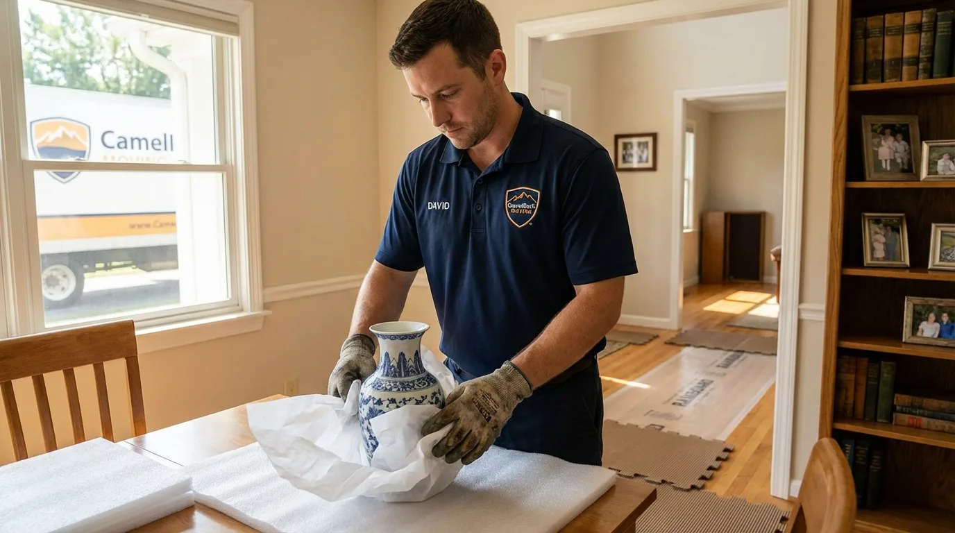 Professional crew carefully wrapping antique vase for senior downsizing move in Oxford, MI