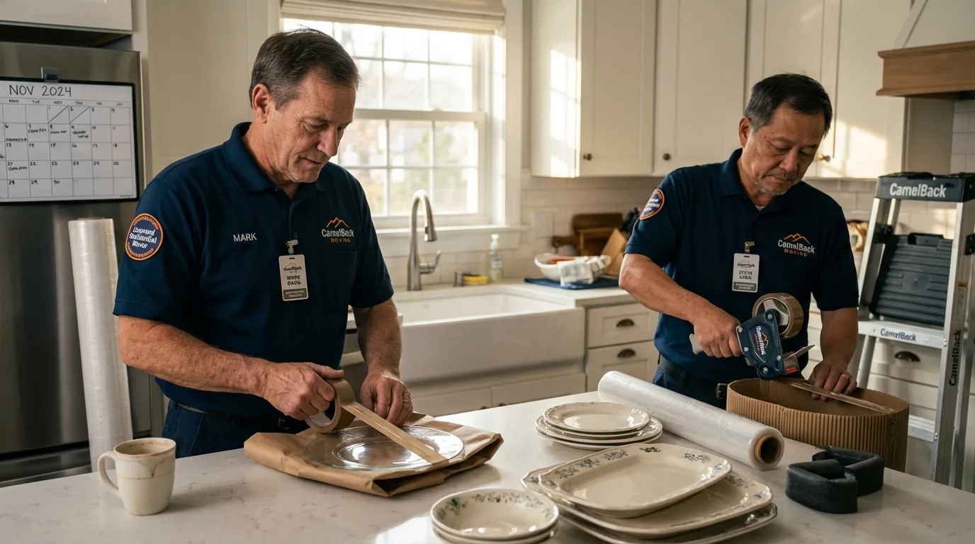 Professional crew packing kitchen dishware in Oxford, MI